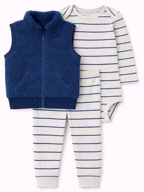 NWT Carter’s 3M Baby Boy 3-Piece Outfit Sherpa Vest Striped Set Cozy Blue Gray